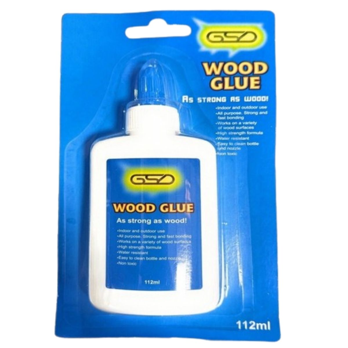 GSD - Wood Glue - 112ml by GSD comes in white plastic packaging, labeled "As strong as wood!" and is suitable for indoor and outdoor use.
