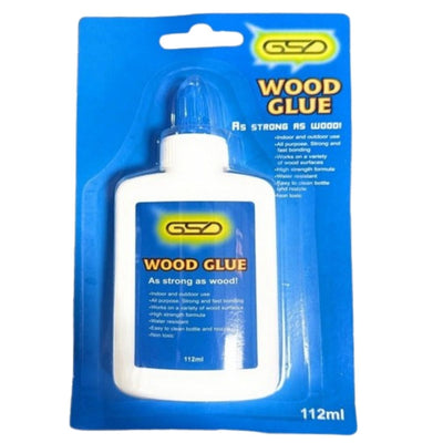 GSD - Wood Glue - 112ml by GSD comes in white plastic packaging, labeled "As strong as wood!" and is suitable for indoor and outdoor use.