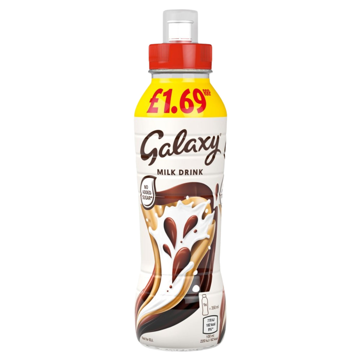 A 350ml bottle of Galaxy Chocolate Milkshake Drink with a red cap, featuring a label that displays a price of £1.69 and an image of swirling milk and chocolate.