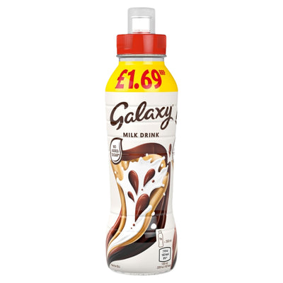 A 350ml bottle of Galaxy Chocolate Milkshake Drink with a red cap, featuring a label that displays a price of £1.69 and an image of swirling milk and chocolate.