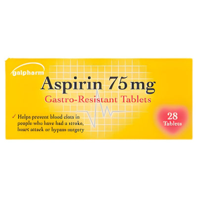 A yellow box labeled "Galpharm - Aspirin (Gastro-Resistant) Tablets 75mg," contains 28 tablets. This antiplatelet agent helps prevent blood clots after stroke, heart attack, or bypass surgery.
