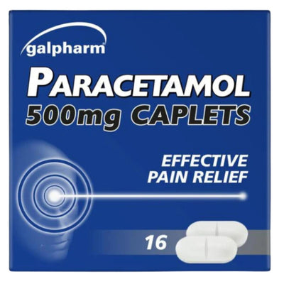 Galpharm - Paracetamol 16 Caplets - 500mg: Effective pain reliever in a blue box—an essential addition to your medicine cabinet.
