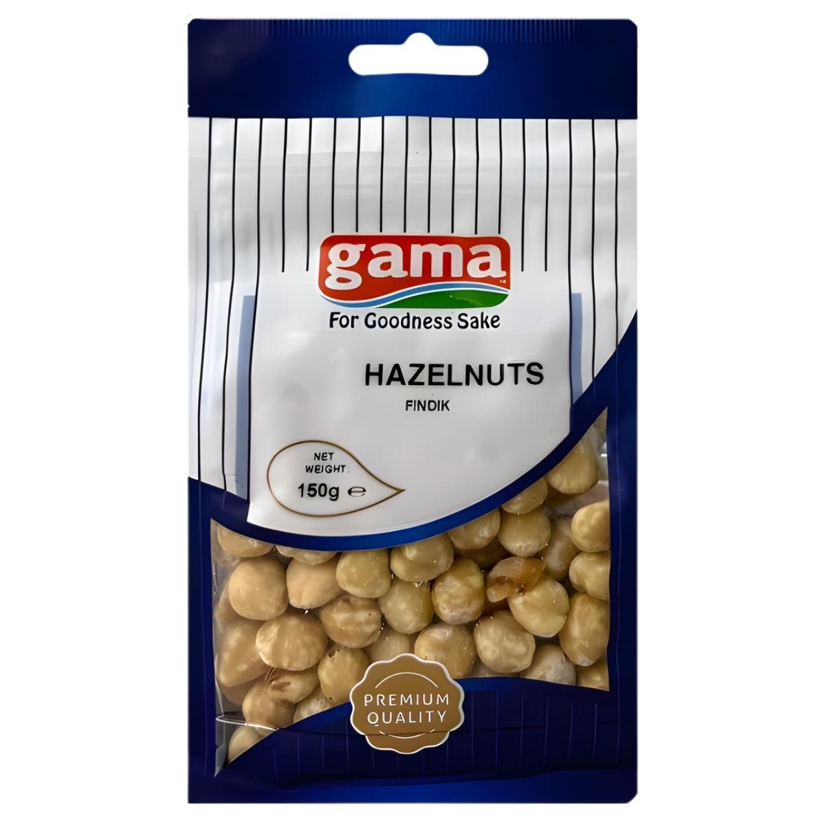 The Gama Hazelnuts 150g pack by gama offers premium roasted hazelnuts in a resealable bag, perfect for healthy snacking anytime.
