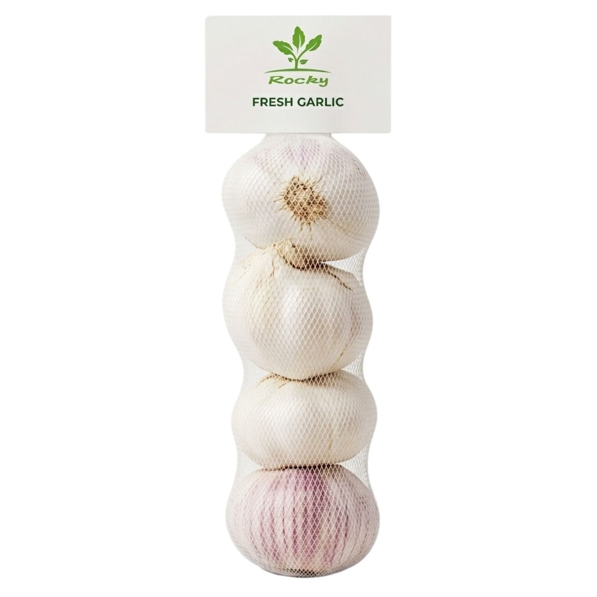Four heads of fresh garlic in a mesh bag with 'Rocky Fresh Garlic' branding on a white background.