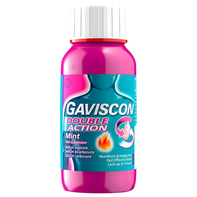 A 150ml bottle of Gaviscon Double Action Heartburn & Indigestion Liquid Mint, featuring calcium carbonate and sodium alginate for relief, with a white cap and blue-pink branding.