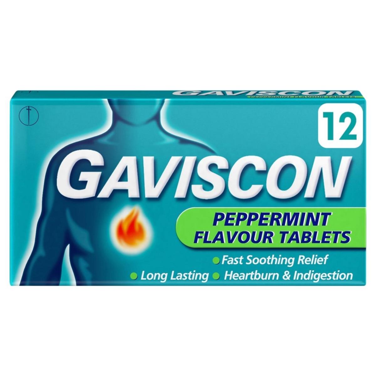 A box of Gaviscon Heartburn & Indigestion Relief Tablets (12 tablets) peppermint flavor is shown, illustrating soothing relief for heartburn and indigestion.