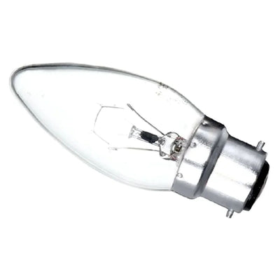 The image shows a General Electric Candle Bayonet Light Bulb, 25W, featuring a clear, tapered design with a metal base, placed horizontally on a white background.