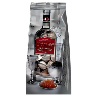 The package shows Germes - Frozen Pork & Beef Filled Dumplings Silver Edition (1Kg), with a bottle, glass, bowl of black caviar, and portion of red caviar in front, plus Russian text on the label.