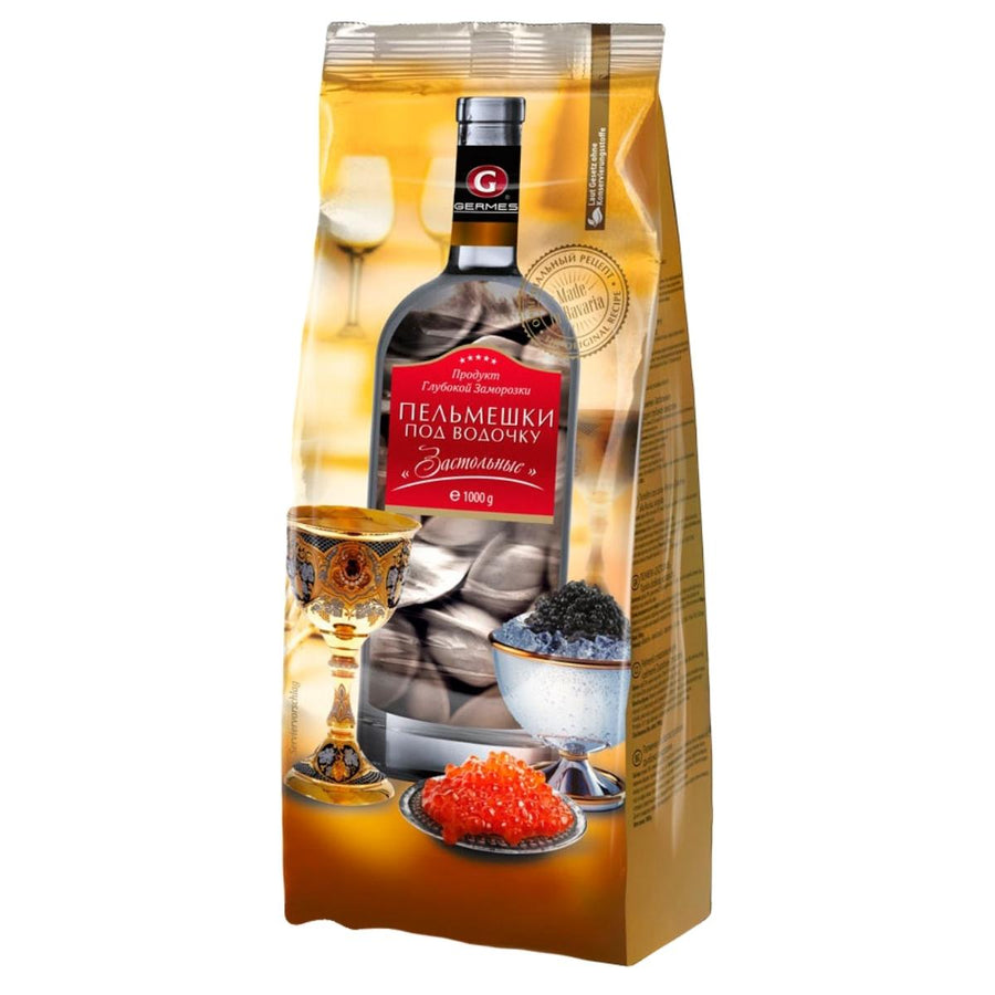 A package featuring Germes - Frozen Pork & Beef Filled Dumplings Gold Edition (1Kg) displays a vodka bottle, ornate glasses, black and red caviar, and dumplings on a yellow background with Russian text, capturing the spirit of Russian cuisine.