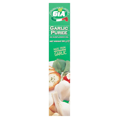 Gia Garlic Puree in Sunflower Oil (90g) is made from Mediterranean garlic. The tube features images of garlic bulbs, leaves, and bread. Enjoy the authentic rich flavor of Mediterranean garlic with every squeeze.