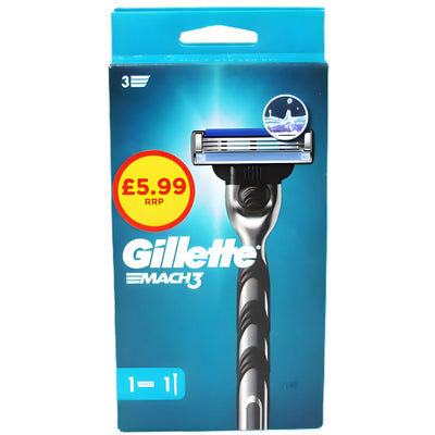 The Gillette Mach 3 Razor 1pcs features a blue background with a razor blade image and £5.99 RRP sticker, designed for a close shave every time.