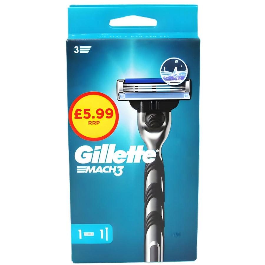 The Gillette Mach 3 Razor 1pcs features a blue background with a razor blade image and £5.99 RRP sticker, designed for a close shave every time.