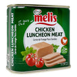 A 340g can of Melis Chicken Luncheon Meat (Halal) with sliced meat and tomato images on the label, English, Arabic, and Spanish text, plus a halal symbol—perfect for a protein-rich choice.