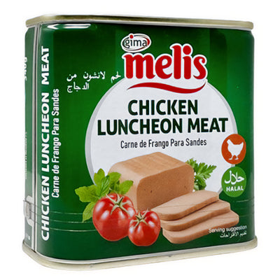 A 340g can of Melis Chicken Luncheon Meat (Halal) with sliced meat and tomato images on the label, English, Arabic, and Spanish text, plus a halal symbol—perfect for a protein-rich choice.