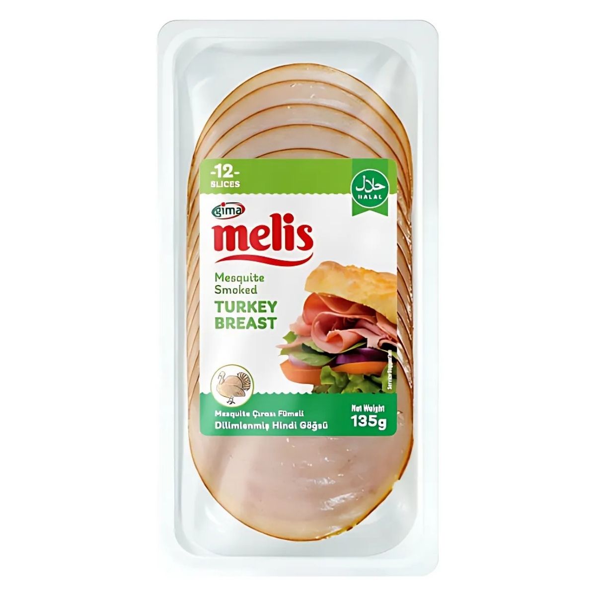 Pack of 12 Gima Melis Mesquite Smoked Roasted Turkey Breast Slices (Halal), weighing 135g.