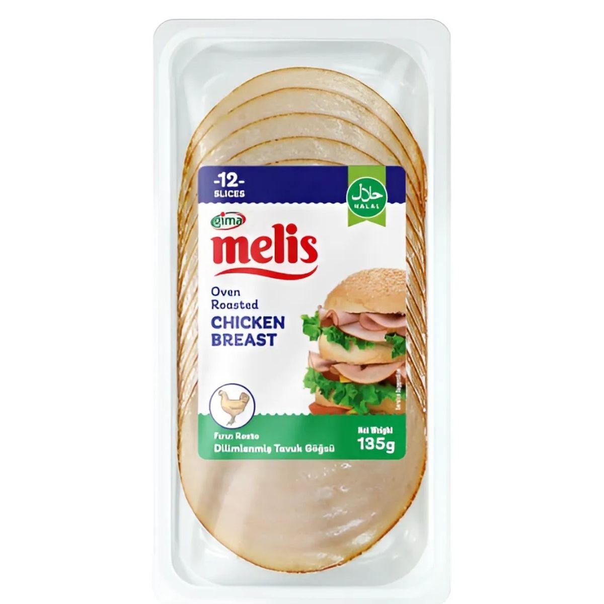 Enjoy the convenience of Gima Melis Oven Roasted Chicken Breast Slices, 135g. Halal certified and great for snacking, each pack showcases an enticing sandwich illustration on the label.