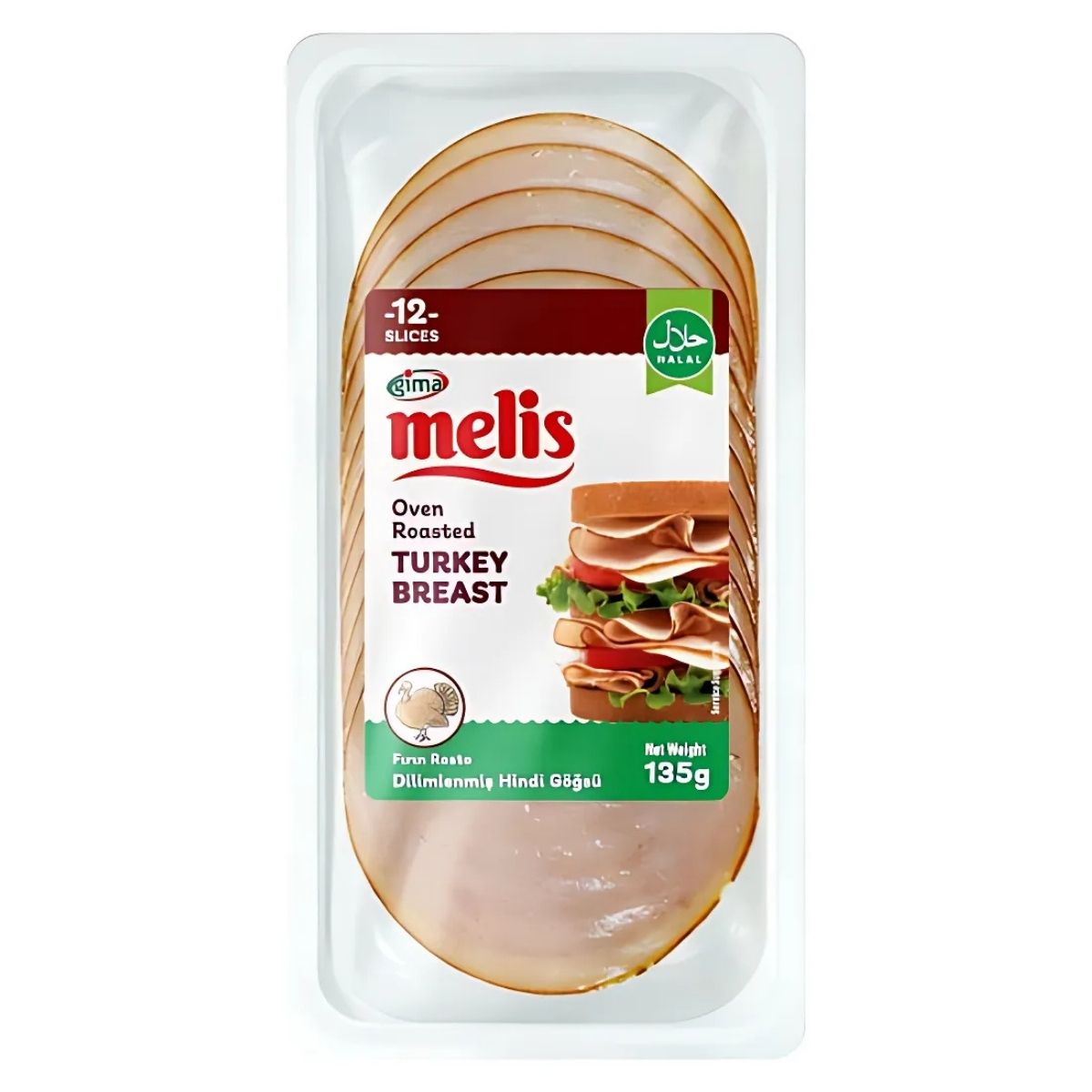 Pack of 12 protein-rich, oven-roasted turkey breast slices in a white tray featuring "Gima - Melis" branding with halal certification, net weight 135g.