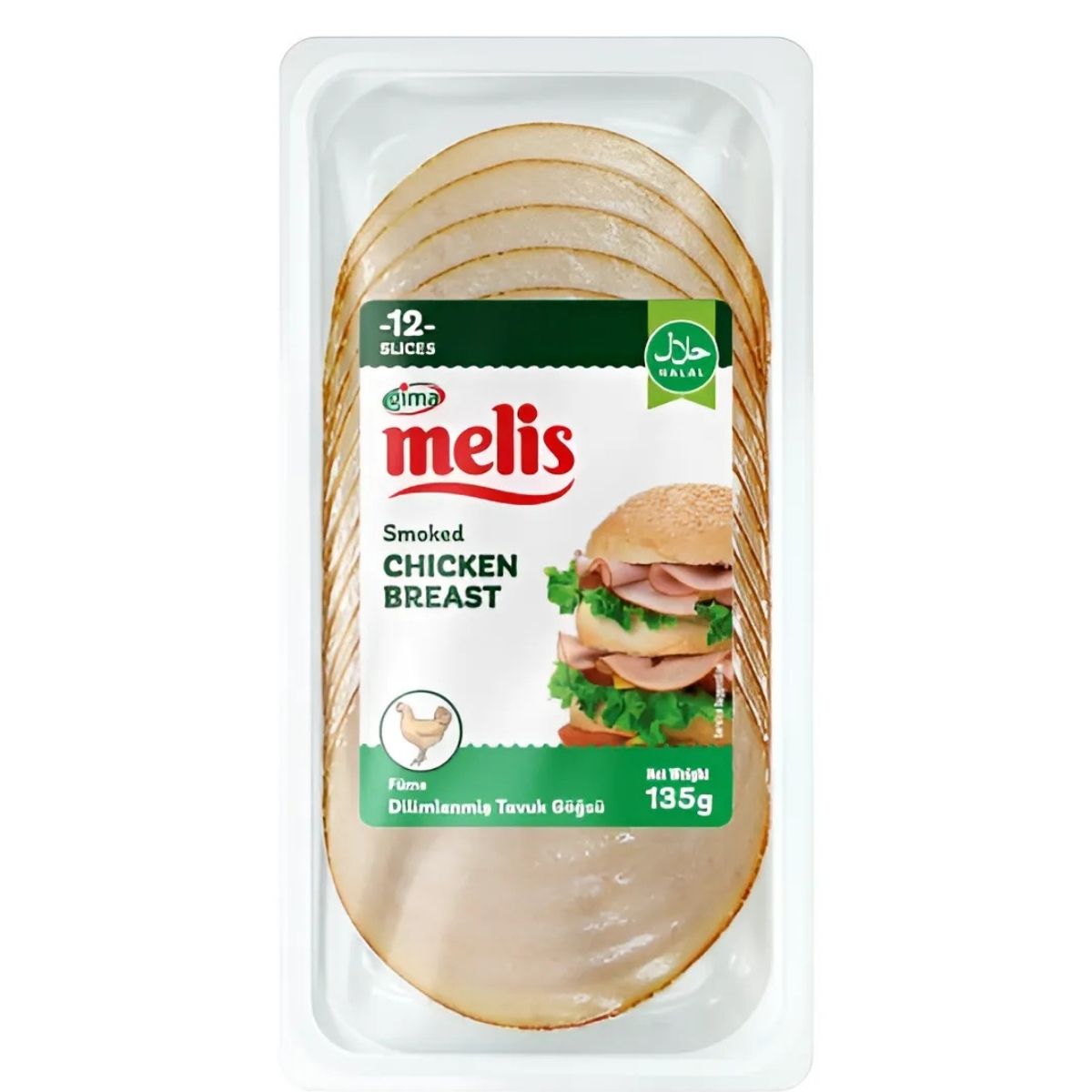 Gima's Melis Smoked Chicken Breast Slices, 135g and halal-certified, showcase a sandwich image on its packaging.