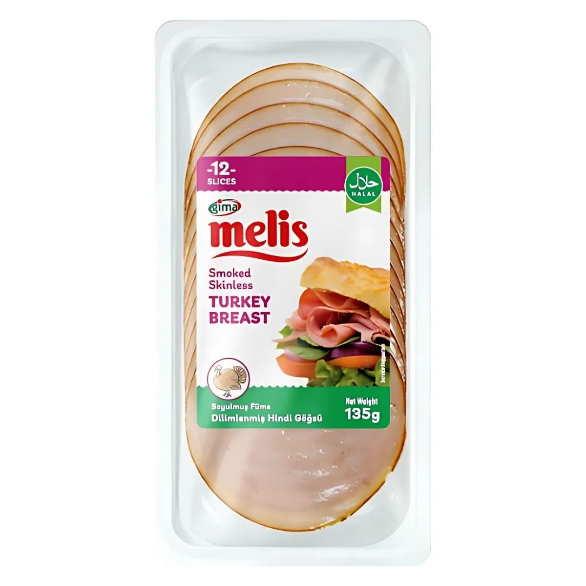 The Gima - Melis Smoked Turkey Breast Slices (Halal) come in a 135g pack with 12 slices in a clear plastic container.