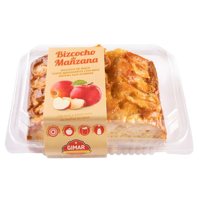 A Gimar plastic container holds 360g of Apple Sponge Cake labeled "Bizcocho de Manzana," featuring apple images and dessert product details on the packaging.