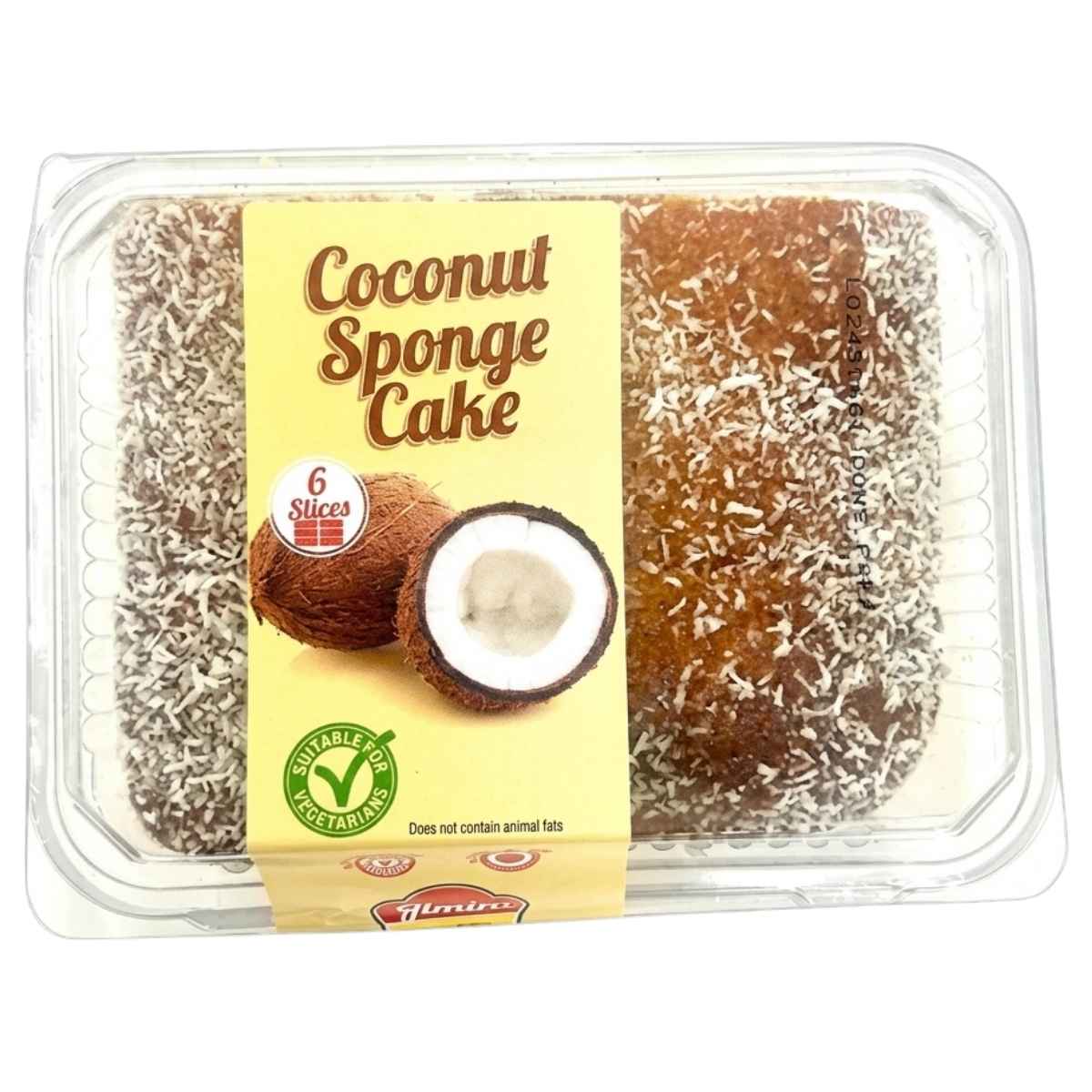 Gimar - Coconut Sponge Cake (360g), a plastic container with six slices, topped with shredded coconut and labeled suitable for vegetarians.
