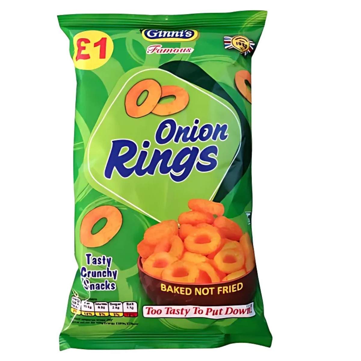 Ginni's 80g Onion Ring Crisps, in a green packet, offer the "Baked Not Fried" promise and are priced at just £1. With the tagline "Too Tasty To Put Down," the package features enticing onion rings in a bowl on the front.