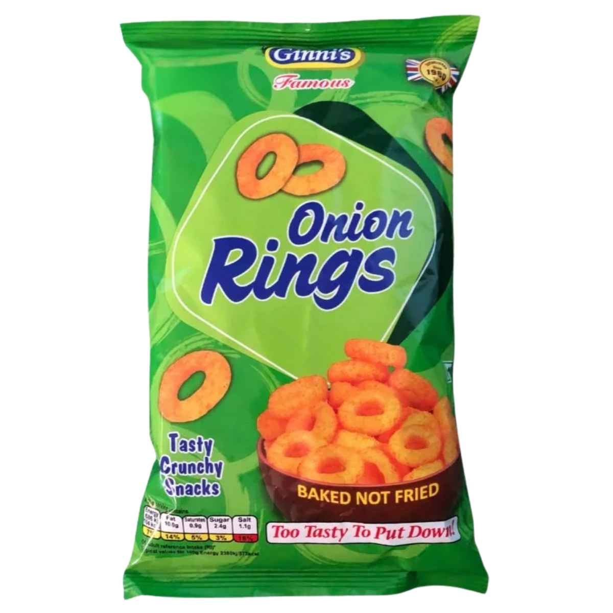 A green 80g bag of Ginni's - Onion Ring Crisps, featuring "baked not fried" and "tasty crunchy snacks" labels, displays savory onion snack rings on the front.