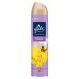 A 300ml can of Glade Blooming Flowers Air Freshener Spray features a floral scent with yellow flowers and a butterfly on a purple background.