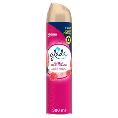 A 300ml Glade Bubbly Berry Splash Air Freshener Spray with a gold cap and pink label features berry images and essential oils for a refreshing scent.