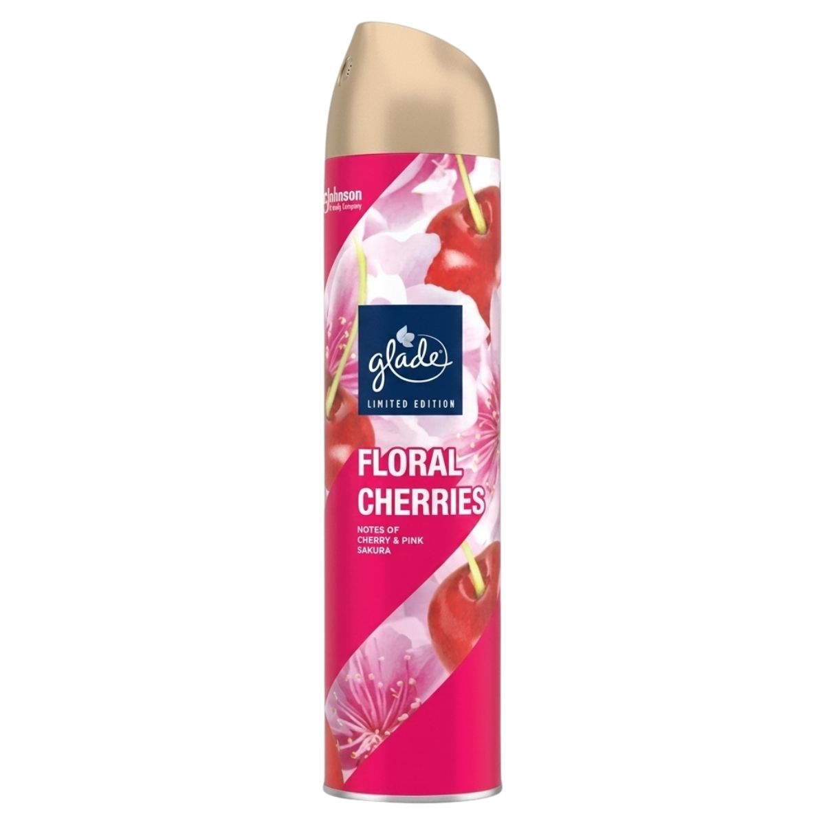 A pink and gold 300ml Glade Floral Cherries Air Freshener Spray, featuring cherry and flower images on the label.