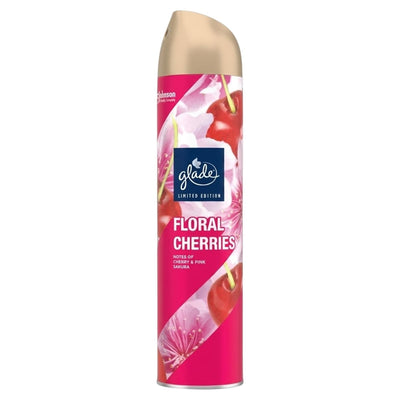 A pink and gold 300ml Glade Floral Cherries Air Freshener Spray, featuring cherry and flower images on the label.