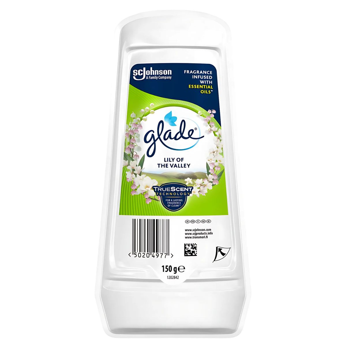 Glade - Gel Air Freshener Lily Of The Valley, 150g, in a white plastic case with a green floral label.
