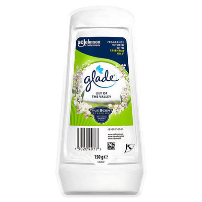 Glade - Gel Air Freshener Lily Of The Valley, 150g, in a white plastic case with a green floral label.