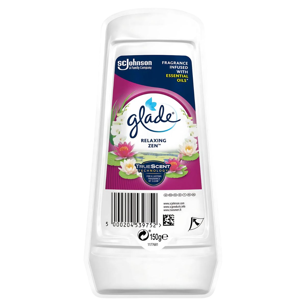 A 150g container of Glade - Gel Air Freshener Relaxing Zen with floral graphics and product details on the label offers a soothing fragrance experience.