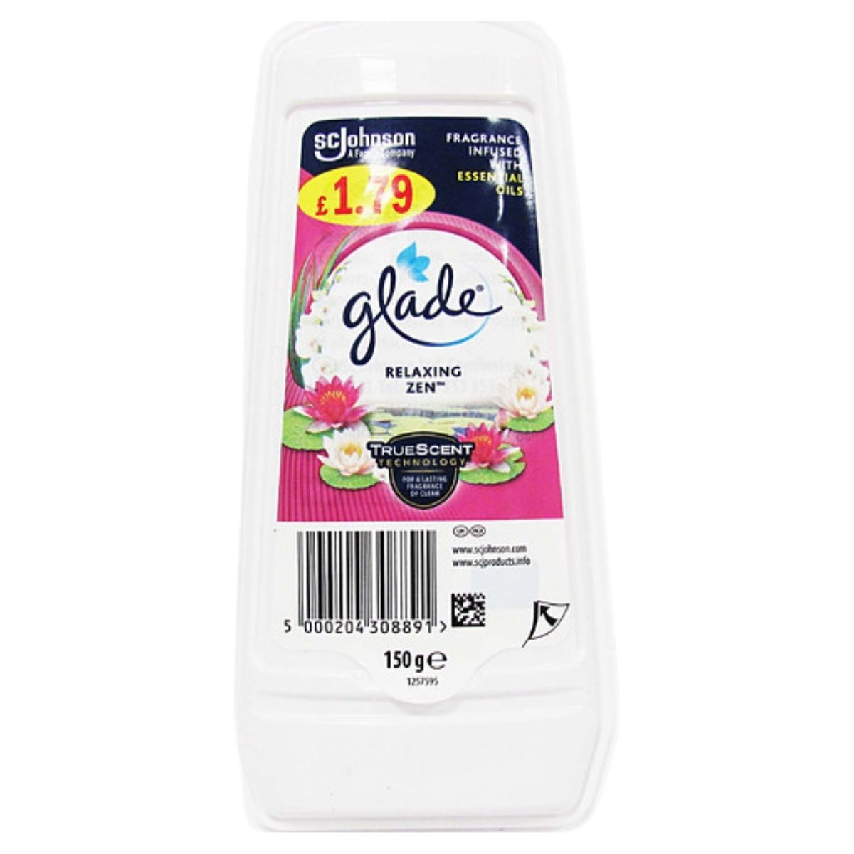 Glade - Gel Air Freshener Relaxing Zen 150g offers a soothing scent with essential oils for long-lasting freshness. Priced at £1.79, it features a pink floral design ideal for creating a relaxing atmosphere.