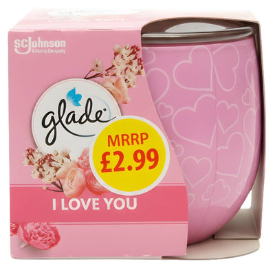 Glade - I Love You Scented Candle (108g) features pink packaging with heart designs, priced at £2.99—an ideal romantic touch for your space.