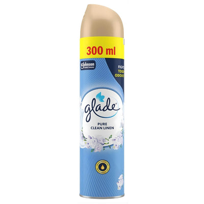 Glade Pure Clean Linen Air Freshener Spray, 300ml, offers a fresh, clean scent and eliminates odours with ease. The can features a gold cap and blue-white floral design—perfect for instantly refreshing any room.