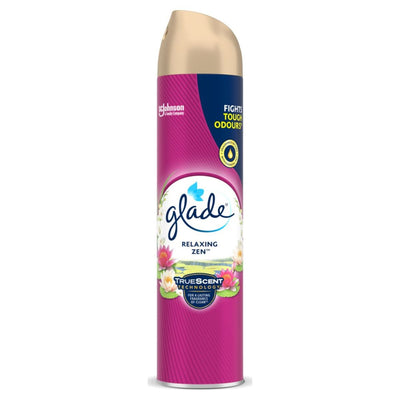 A 300ml can of Glade Relaxing Zen Air Freshener Spray, with floral graphics and a pink-gold design, features odour-fighting TrueScent Technology and soothing essential oils.