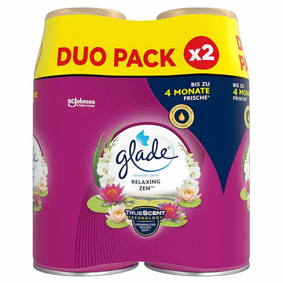 Glade Relaxing Zen Duo Pack Automatic Air Freshener Spray (2x269ml) features essential oils and Truescent technology for a relaxing scent that lasts up to 4 months.