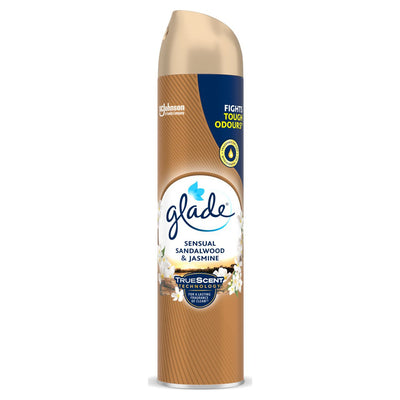 Glade Sensual Sandalwood & Jasmine Air Freshener Spray (300ml) features a gold cap and a label claiming it fights tough odors.