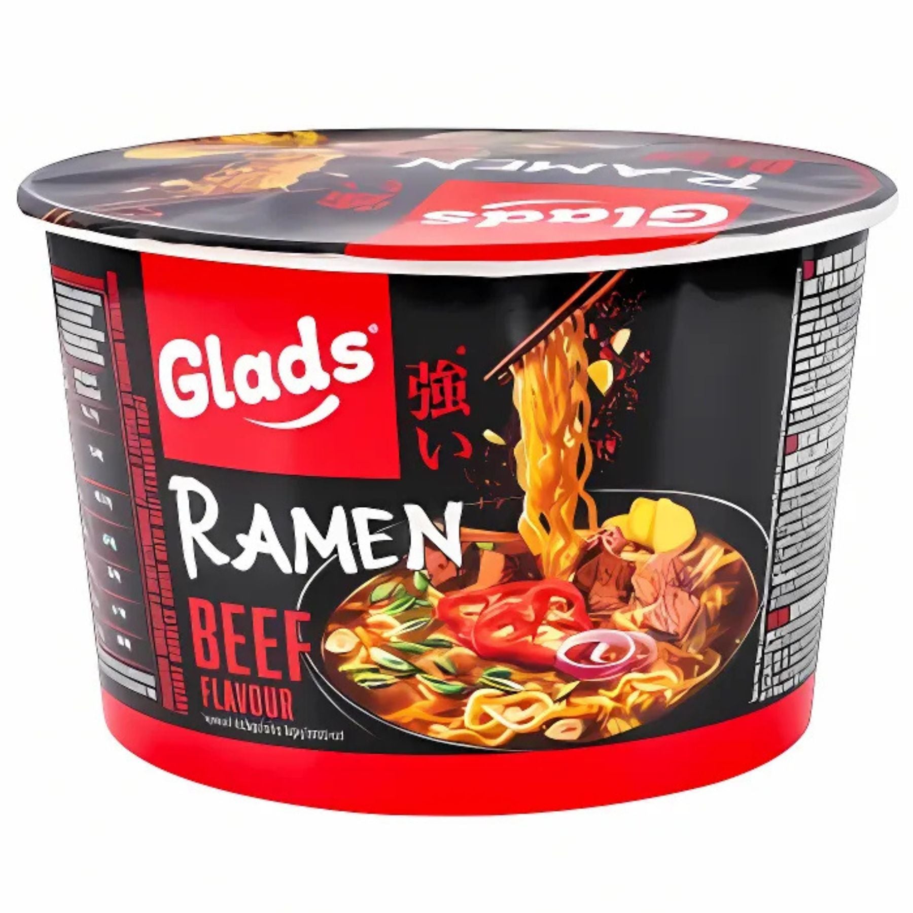 Glads - Beef Flavour Ramen - 105g cup features illustrated noodles, meat, and veggies on the packaging and is packed with rich beef seasoning for a tasty meal.