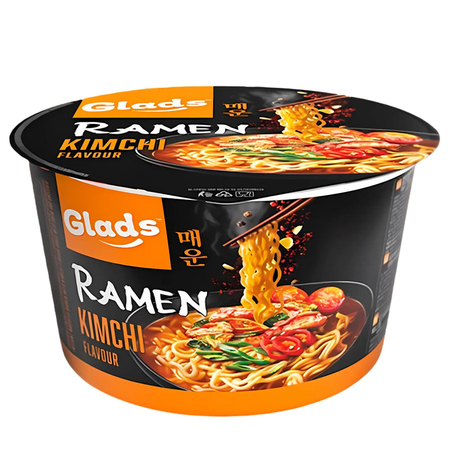 A black cup of Glads - Kimchi Flavour Ramen - 105g, featuring vibrant noodles, vegetables, and rich broth imagery on the packaging, inspired by classic Korean cuisine.