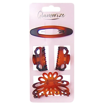 A "Glamorize - Turtle Shell Grip Clips Set - 4pcs" by Glamorize includes one barrette, two small grip clips, and a large floral claw, all brown plastic hair accessories.