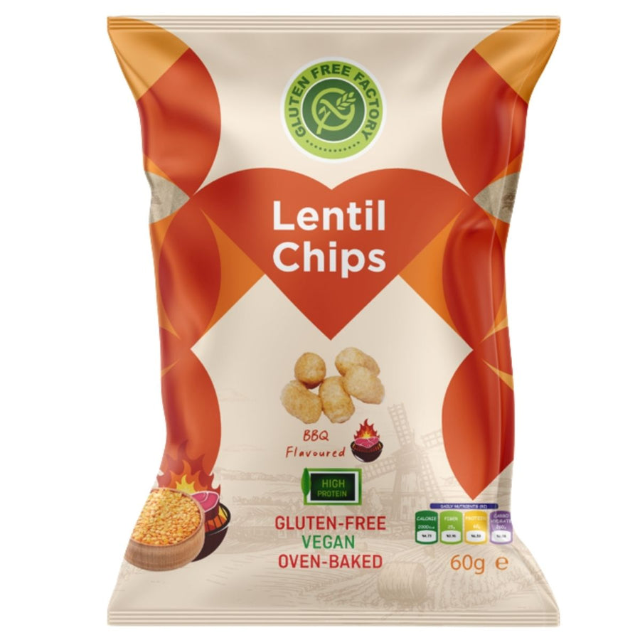 A 60g bag of Gluten Free Factory Barbecue Flavoured Lentil Chips, vegan, gluten-free, oven-baked, and high in plant-based protein, with chip imagery and certification logos featured on the packaging.
