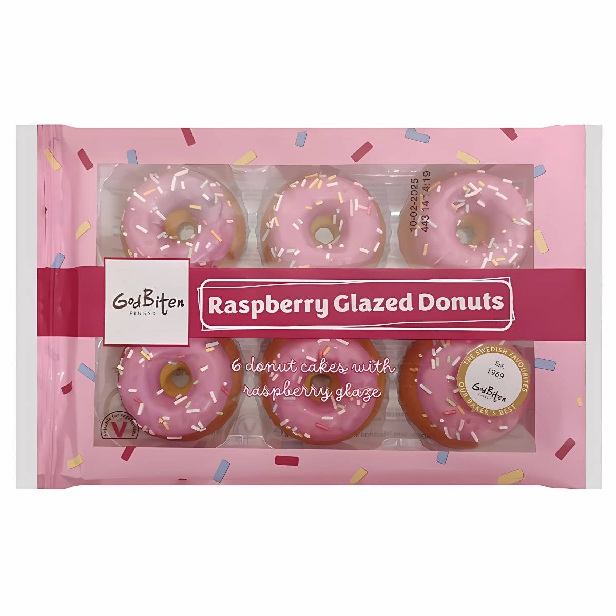 Indulge in Godbiten's Raspberry Glazed Donuts, a 150g pack of six fluffy treats with sprinkles, presented in a pink package labeled "GodBiten Finest." Enjoy an irresistible treat for your taste buds.