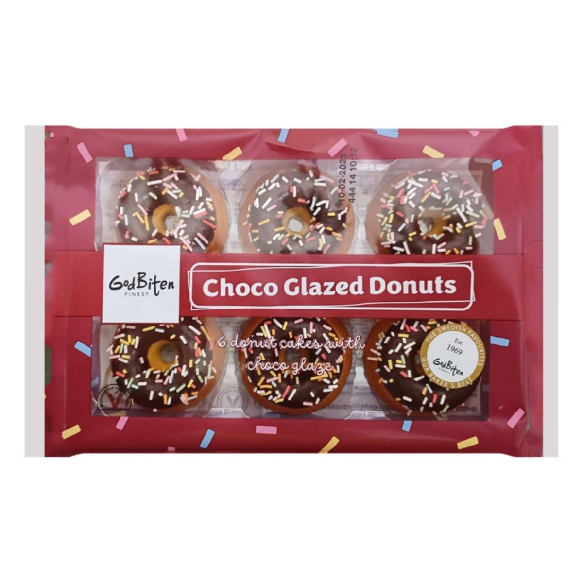 Pack of six Godbiten Choco Glazed Donuts, weighing 150g, with multicolored sprinkles in a red box labeled "Choco Glazed Donuts.