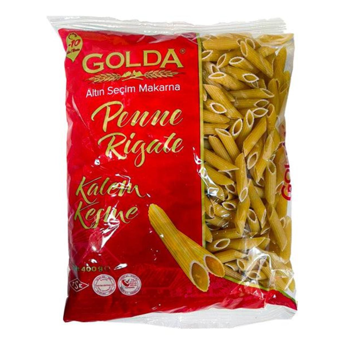 A bag of Golda - Penne Rigate - 400g pasta in a white background.