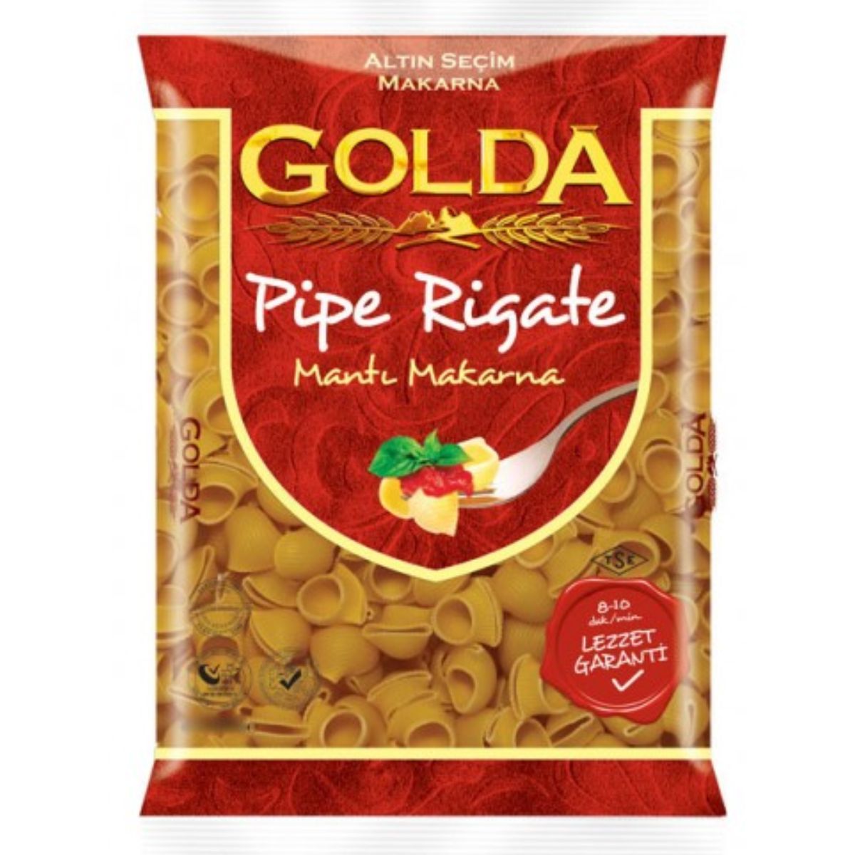 A pack of Golda - Pipe Rigate Pasta - 400g with a red and yellow design, depicting a spoon holding pasta and vegetables, labeled in Turkish: "Altin Seçim Makarna" and "Mantı Makarna." Cooking time is 8-10 minutes.