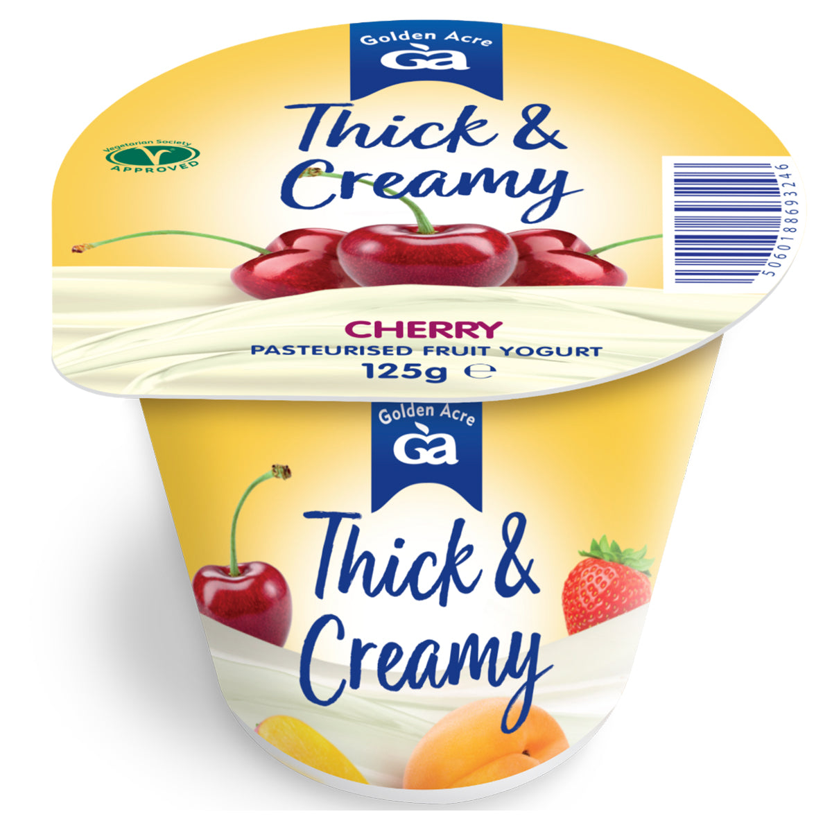 Golden Acre - Thick & Creamy Cherry Yoghurt - 125g: A delightful healthy snack featuring vibrant imagery of cherries, strawberries, and apricots on its packaging.