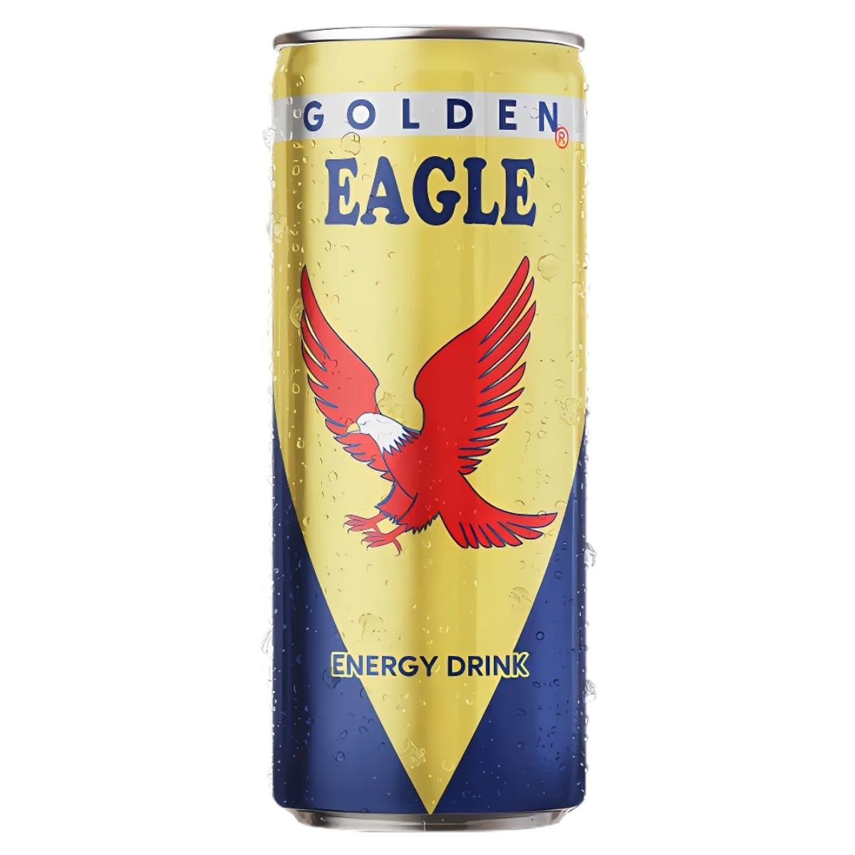 The Golden Eagle - Energy Drink - 250ml can showcases a bold red eagle logo on a vibrant yellow and blue backdrop, offering an invigorating energy boost enriched with essential vitamins and minerals.